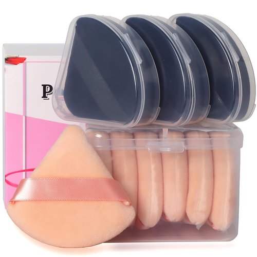 Ocim 10Pcs Triangle Powder Puffs for Face Powder,Soft Velour Makeup Setting Powder Puff with Case,Black&Nude