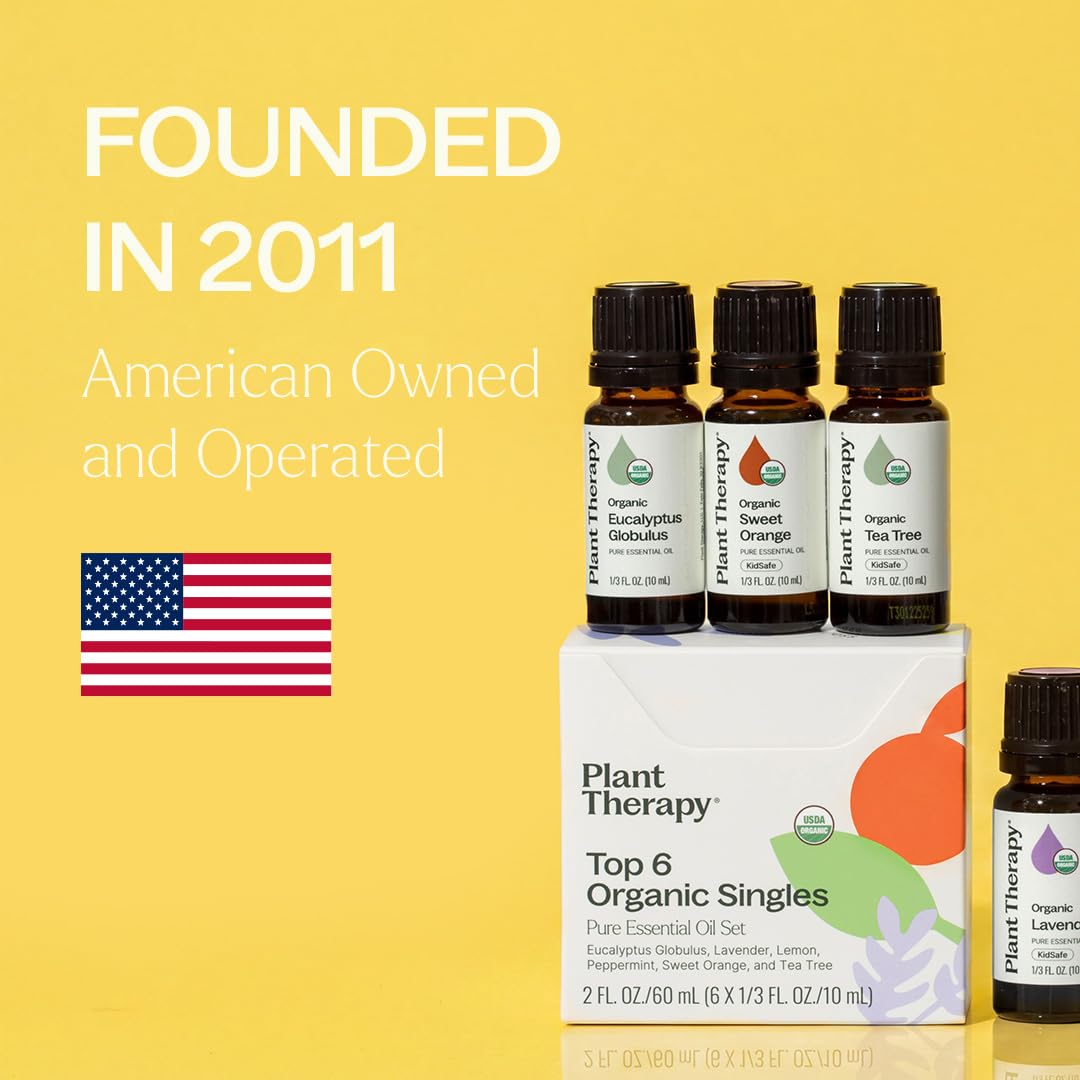 Plant Therapy Top 6 USDA Organic Essential Oil Set - Lavender, Peppermint, Eucalyptus, Lemon, Tea Tree 100% Pure, Natural Aromatherapy, for Diffusion & Topical Use, Therapeutic Grade 10 mL (1/3 oz)