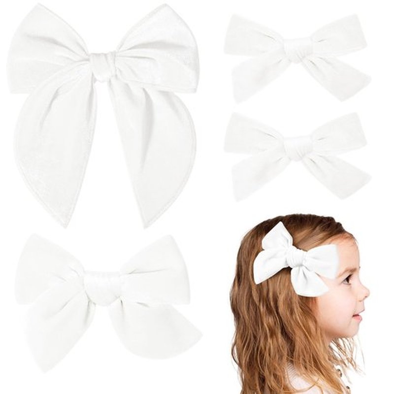 DEEKA 4 PCS White Velvet Hair Bows 3 Styles 5" & 4" Handmade Hair Bow set for Toddler Girls Alligator Hair Clips Knot Bows Hair Accessories for Little School Girls (White)