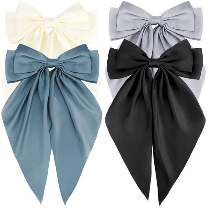 Atoden Hair Bows Silky Satin Bows for Hair Ribbons 4Pcs Coquette Oversized Long Tail Hair Bow Clips Barrettes Big Bowknot Hair Accessories for Women Girl Trendy Stuff Gifts (Beige Grey Black)