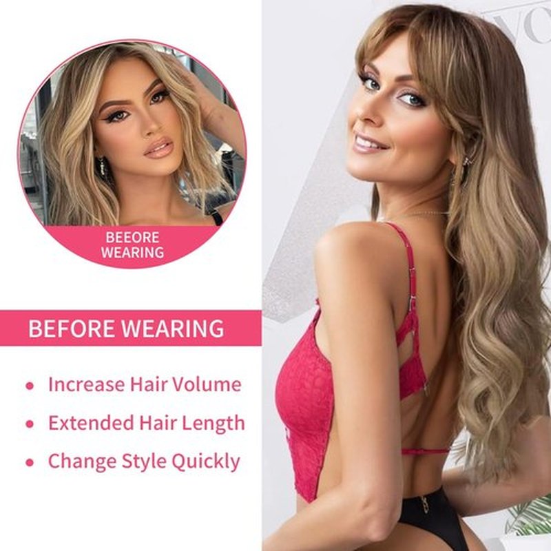 Dirty Blonde Wig With Bangs Long Wavy Curly Ombre Blonde Wig with Dark Roots Wigs For White Women Blonde Wigs With Bangs Synthetic Heat Resistant Wigs for Women Daily Party Use 24inch (Dirty Blonde)