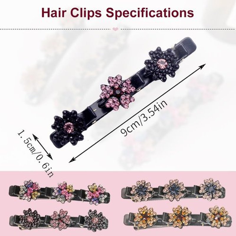 2 Pcs Sparkling Crystal Stone Braided Hair Clips, 2024 New Satin Fabric Hair Bands Rhinestone Four-Leaf Clover Hair Clip for Styling, Duck Bill Clips for Women Girls (A)