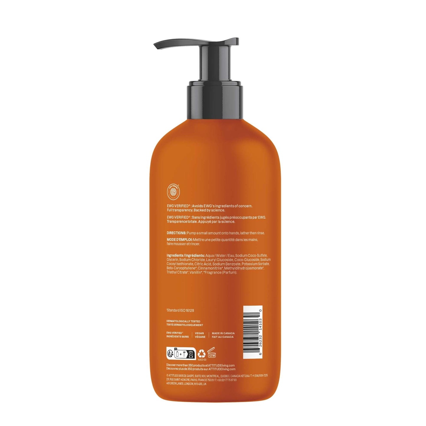 ATTITUDE Liquid Hand Soap, EWG Verified, Plant and Mineral-Based, Vegan Personal Care Products, Orange Cinnamon, 16 Fl Oz