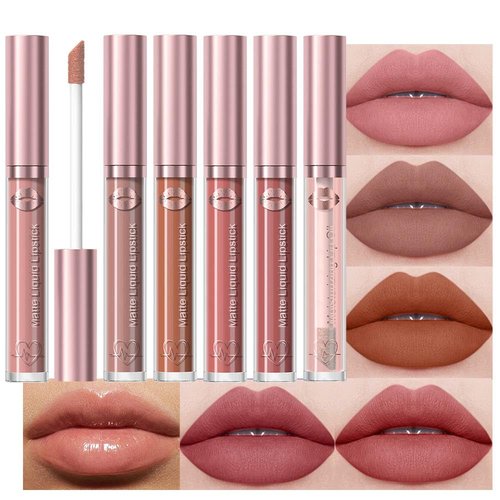 JUAAZIN 5Pcs Matte Liquid Lip Sticks + 1Pcs liquid lip oil set, Dusty Pink Rose Taupe Light Brown Pale Carmine Rose Vale Lip Gloss Set, Rich Colors Long-Lasting Wear Not Fade Waterproof Lip Gloss(set1