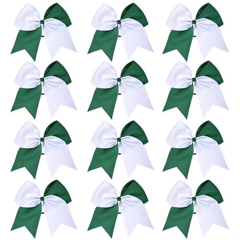 DEEKA 12PCS 8" Two Toned Large Cheer Hair Bows Ponytail Holder Handmade for Teen Girls Softball Cheerleader Sports-Forest Green/White