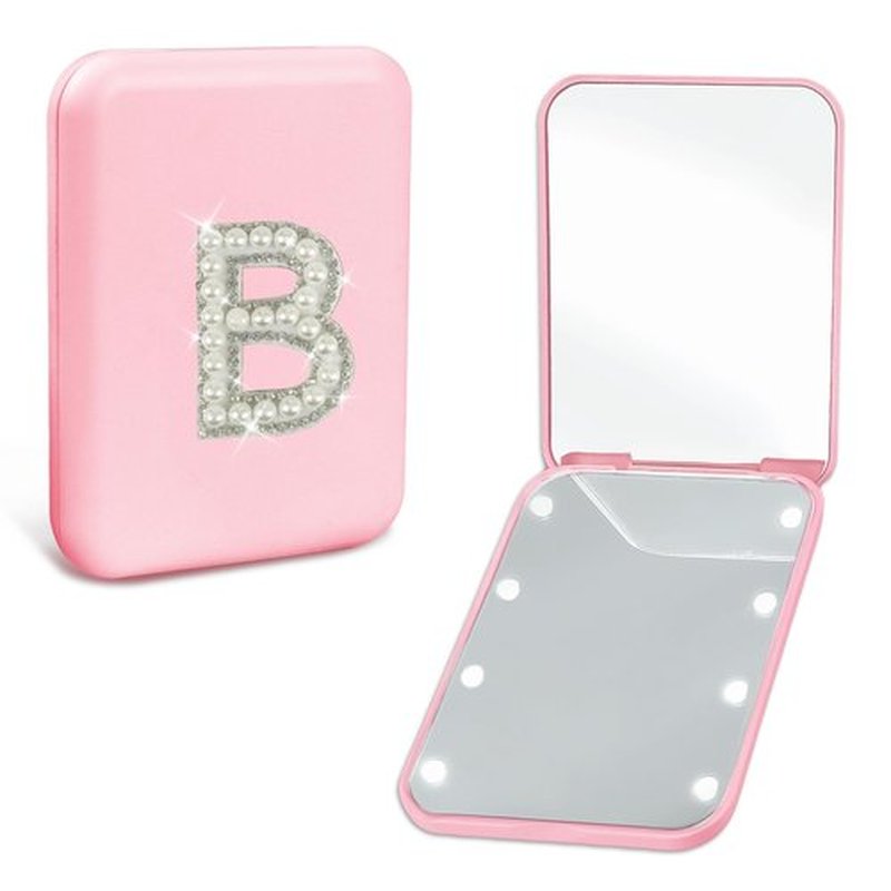Aganmi Travel Essentials Accessories Mini Makeup Mirror with Lights Pearl Initial 1X/2X Magnification LED Compact Mirror for Purses, Preppy 2-Sided Pocket Mirror Gifts for Women Teen Girls (B)