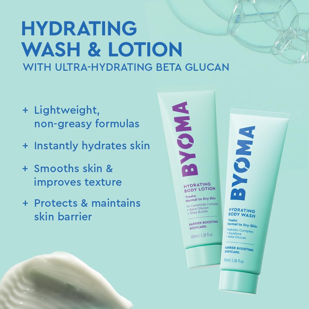 BYOMA Body Care Trial and Travel Kit (6-Piece Set) - Support the Skin Barrier with Hydrating, Brightening, and Sensitive Travel Size Body Wash and Lotion