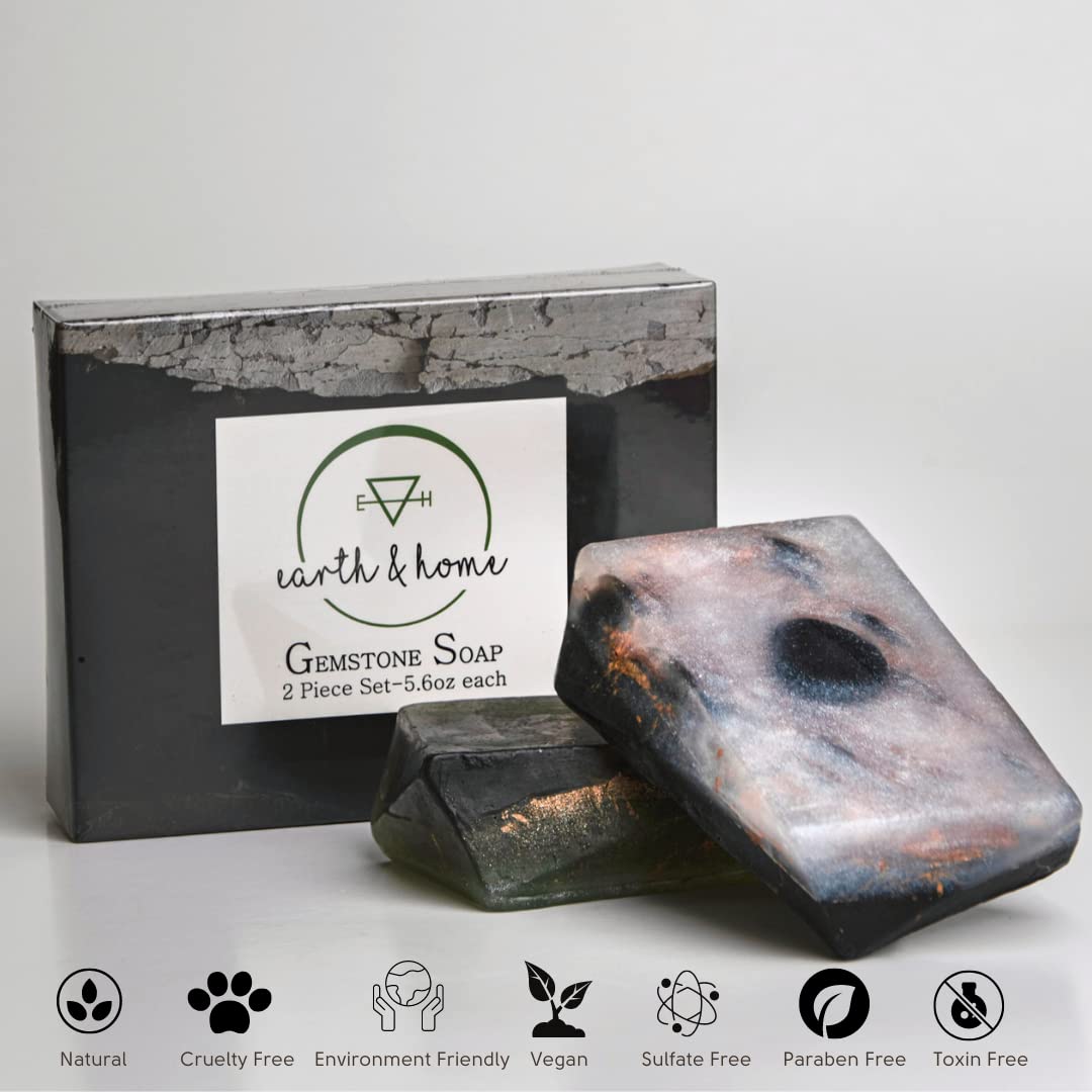 Earth & Home Rock Soap Gift Set of 2- Mothers Day Gift- Decorative Scented Gemstone Soap with Crystals (Jade & Black Obsidian) Inside- with Natural Ingredients & Essential Oil