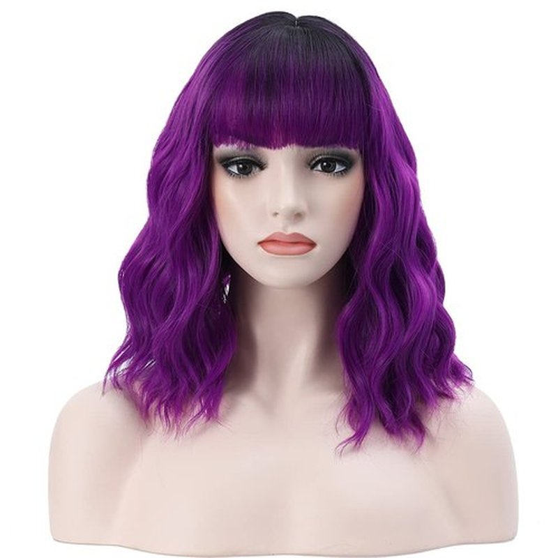 BERON 14 Inches Black Purple Ombre Wig Short Curly Wig with Bangs Purple Wig Synthetic Wigs Women Girls Ombre Wig with Wig Cap