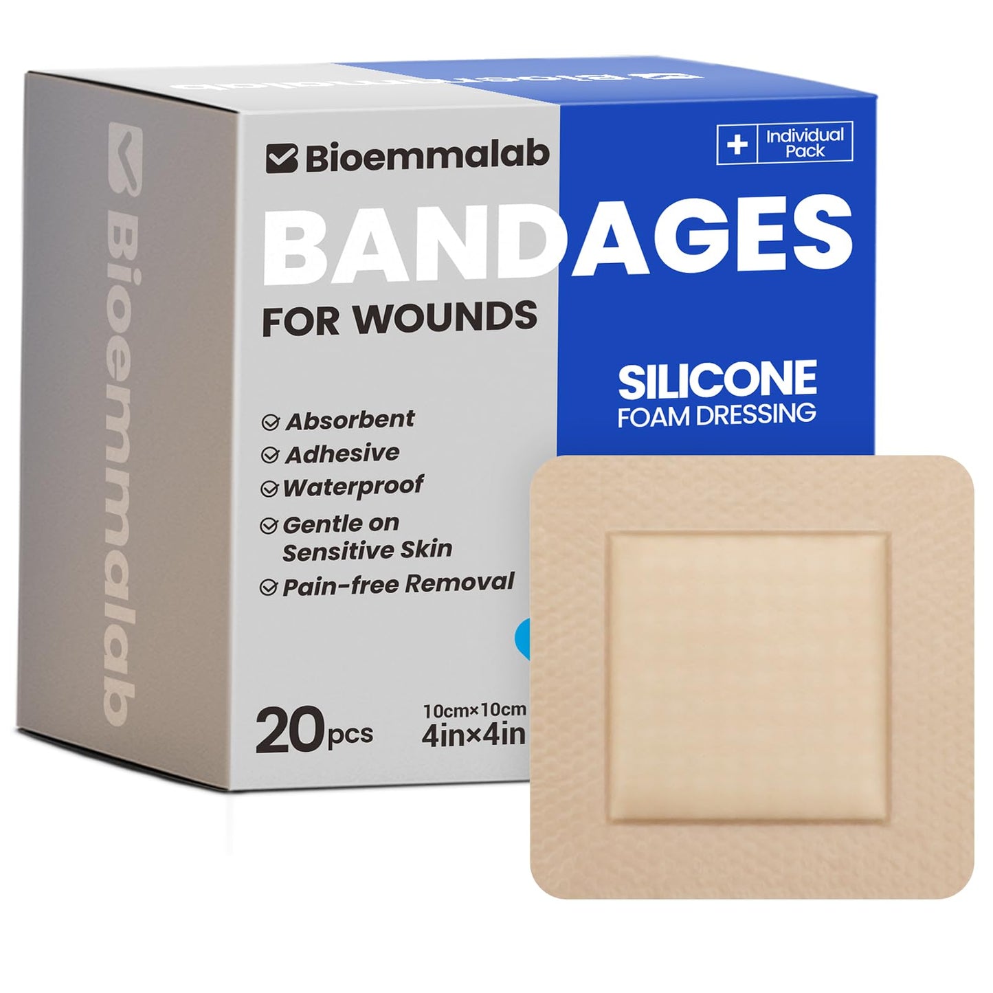 Large Waterproof Bandages 4x4 Silicone Foam Dressing for Sensitive Skin Wound Care, Adhesive Cohesive Pad with Border for First Aid, Post Surgical and Burn, Pressure, Scar Healing (20 PCS)
