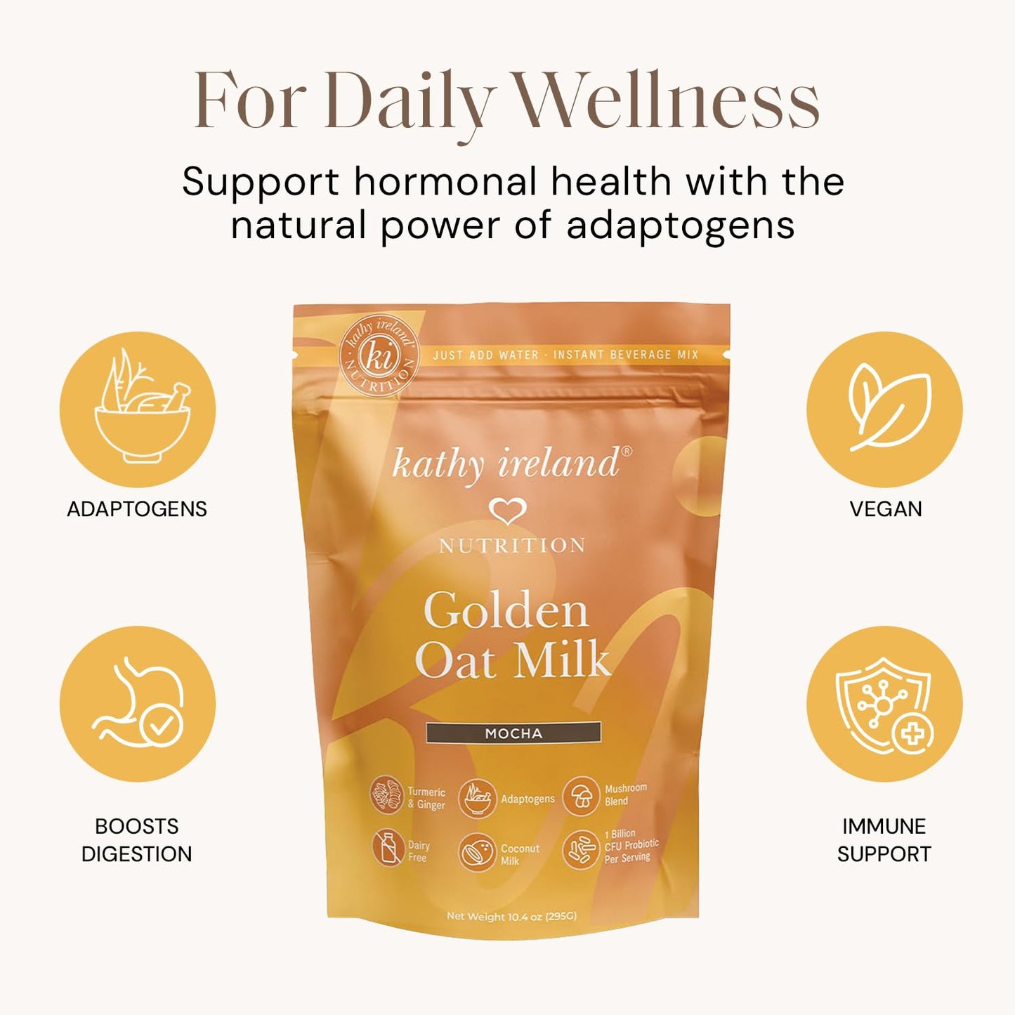 kathy ireland Oat Milk Powder, Plant-Based Golden Milk, Instant Beverage Mix with Mocha Flavor, Adaptogens, Mushrooms, Turmeric & Probiotics, Dairy-Free, 10.4 oz