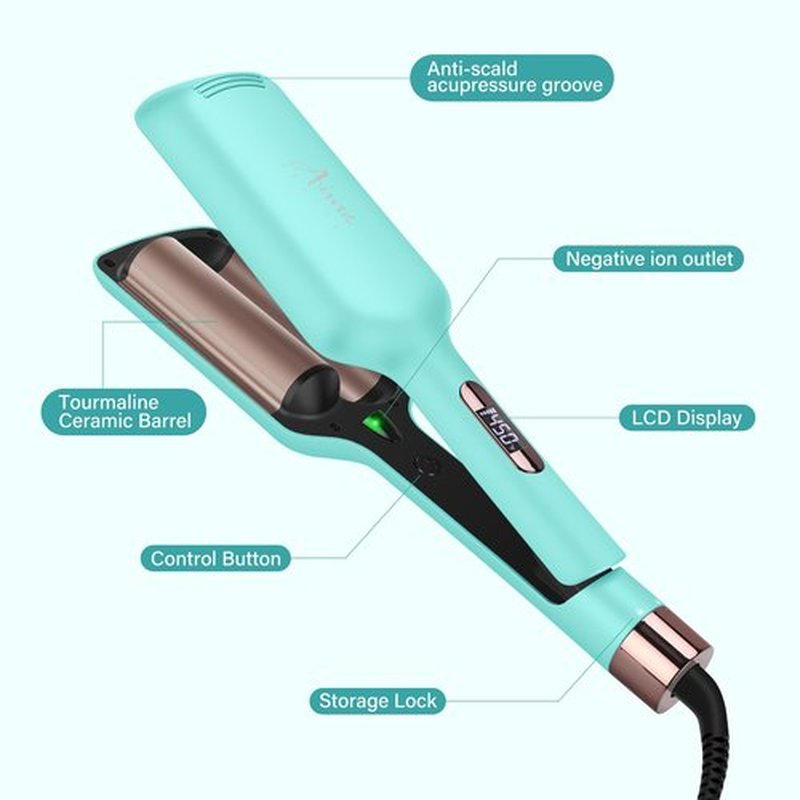 Aima Beauty 32mm 2 Barrel Curling Iron, Mermaid Hair Waver, Anti-Scald Hair Curling Iron, Negative Ionic Emitter, Lock Hair Moisture, Short/Medium/Long Hair, Light Green