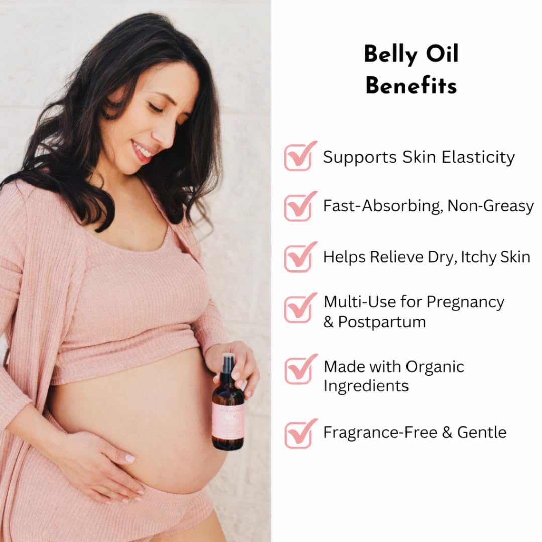 Irene Organics Organic Belly Oil for Pregnancy & Postpartum – Lightweight, Non-Greasy Stretch Mark Support Oil – Hydrating Vitamin E Bump Serum, Unscented & Pregnancy Safe