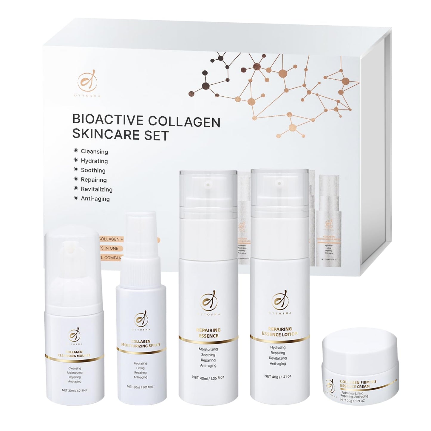 OTTOSHA Bioactive Collagen Skin Care Set,Mini Travel Size Gift Set ,All In One (5 Piece Kit) For Women & Men,Cleaning,Hydrating,Soothing,Repairing,Revitalizing,Anti-aging