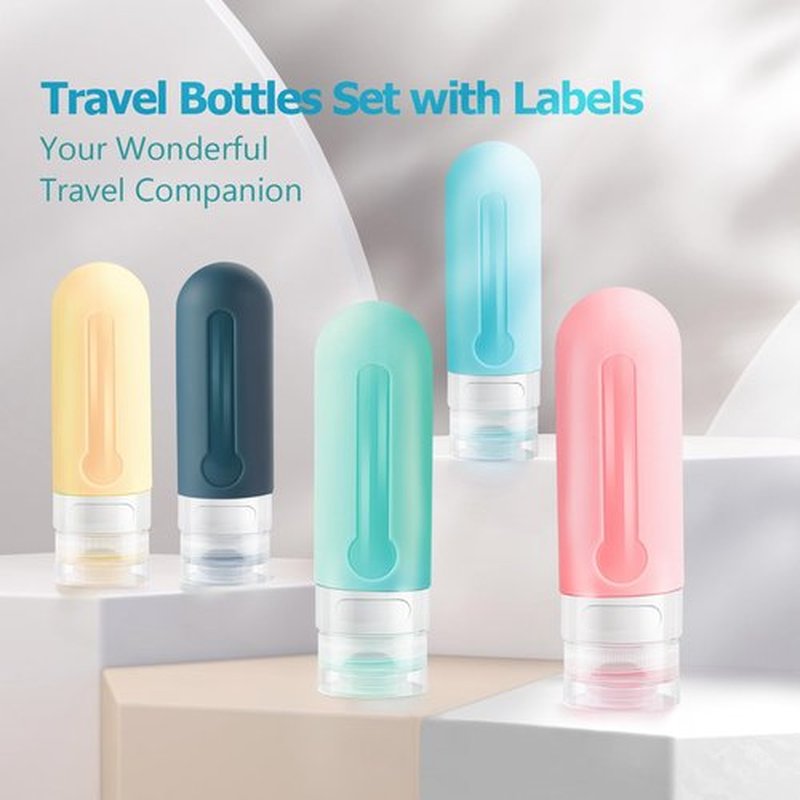 AMMAX Travel Bottles for Toiletries 3 oz with Labels Silicone Leak Proof Travel Size Containers for Shampoo Lotion Refillable Travel Bottles Portable Size as Reusable Travel Accessories 5 pack