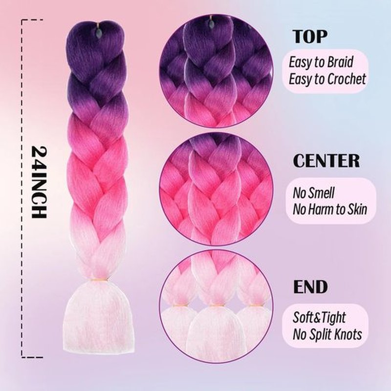 Jumbo Braiding Hair Fiber Mix Four Silky Colorful Twist Braiding Hair 3pcs Rainbow Colors Extensions Synthetic Hair Purple-Red-Pink Synthetic Fiber Soft Healthy (24 Inch 3pcs)