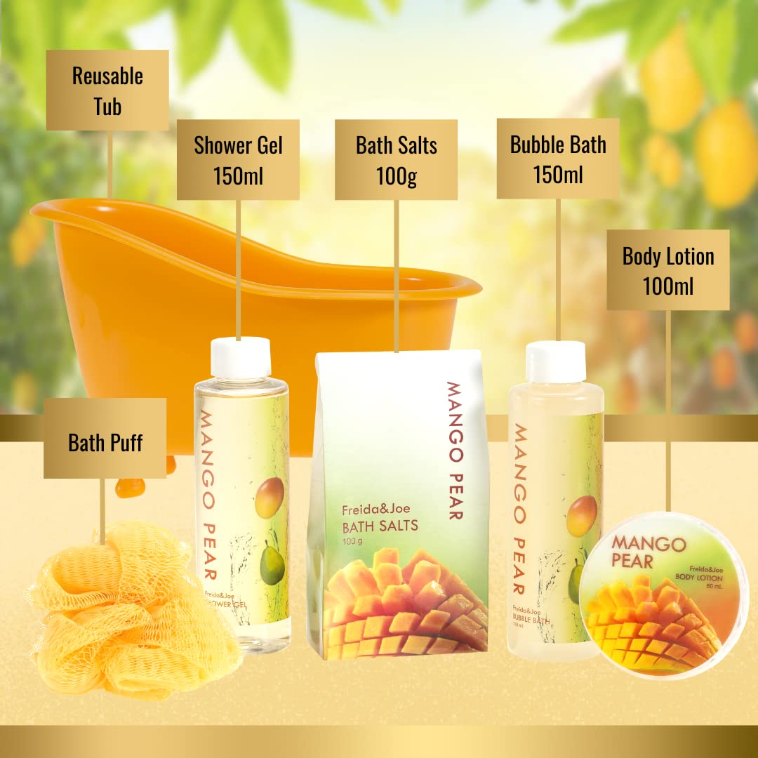 Tropical Mango Pear Fragrance Spa Set for Women - Bath & Body Set in Stylish Orange Tub - Gift Ready with Shower Gel, Body Lotion, Bubble Bath, Bath Salts, and Bath Puff – Mother's