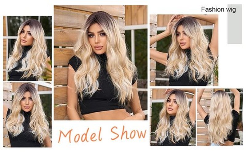 OMELPIS Long Ombre Blonde Wig with Bangs for Women Natural Layered Wavy Wigs Brown Roots Heat Resistant Synthetic Fiber High Density Curly Hair for Daily Party Holiday Dating Use 24‘’
