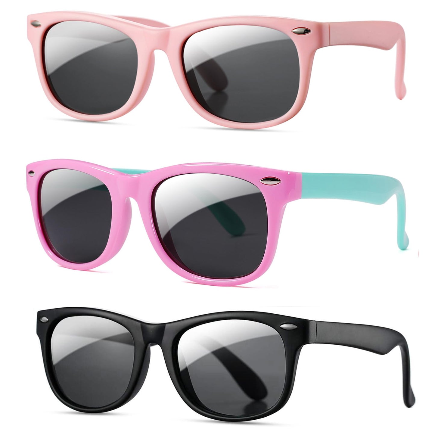 Pro Acme Kids Polarized Sunglasses, Flexible TPEE Frame Shades for Toddler Girls Boys, Ages 3-12（A6 Pink/Green + Pink + Matte Black/Grey）