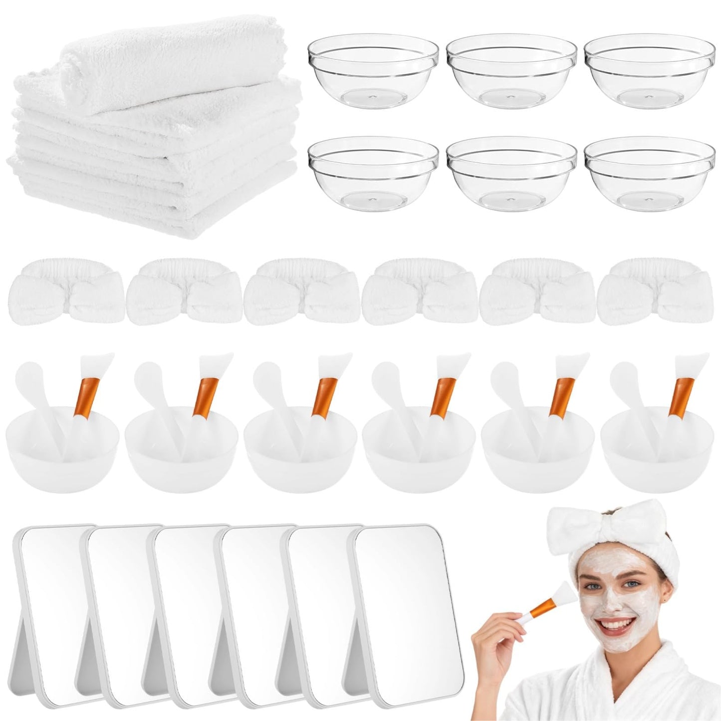 Lnrueg 6 Sets White Spa Party Supplies for Women, Facial Mask Bowl with Brush Spatula Headband Towel and Folding Mirror, DIY Spa Kit for Sleepover Bridal Shower Slumber Party Favor