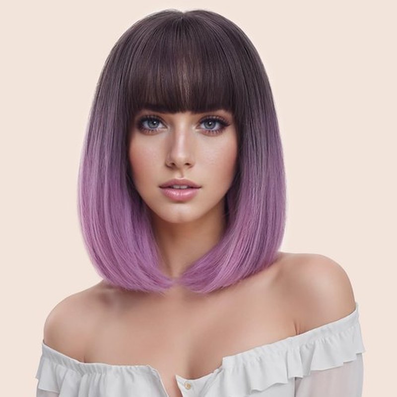 HANNE Purple Wig with Bangs Omber Purple Bob Wigs 14 Inch Straight bob wig Heat Resistant Synthetic Colored wigs for Women