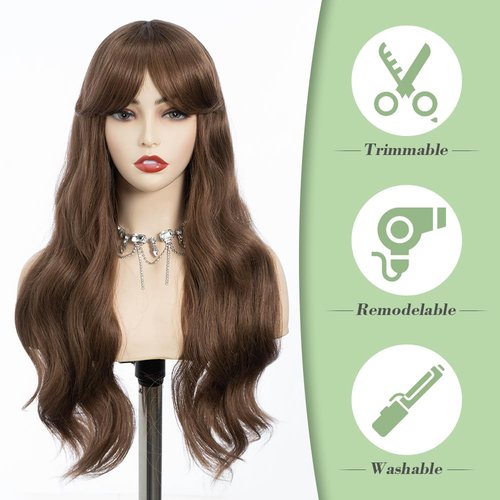 REBECCA STYLE Long Brown Wig with Bangs 24 Inch Long Wavy Wigs with Bangs for Women Synthetic Curly Wigs Hair Replacement Wigs for Girls Daily Party Use Natural Looking (Brown)
