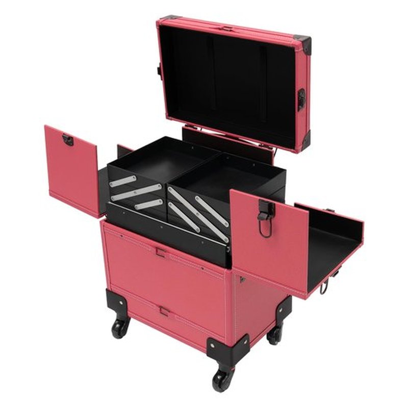 PalaUha Rolling Makeup Train Case Professional Cosmetic Organizer Trolley with Drawers Compartment Nail Case Wheeled Manicure Pedicure Storage Case for Hair Stylists Makeup Artists (Pink & Black A)