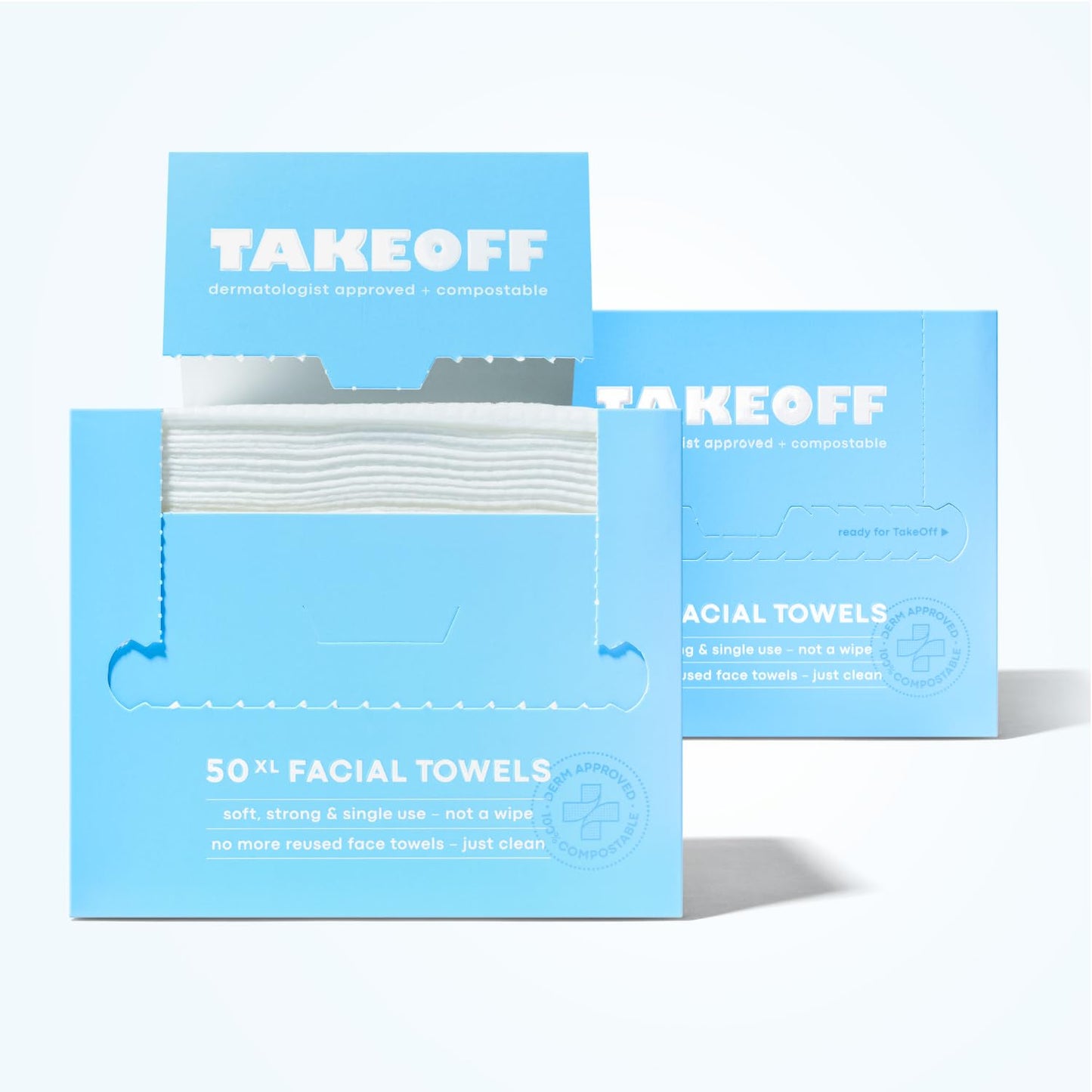 Takeoff Face Towels, 10"×12" XL Face Disposable + Compostable, Ultra Soft Makeup Remover Dry Wipes, Thick Face Towel w/Dual Texture For All Skin Types incl. Sensitive, 50 Count x 2 Pack (100 total)