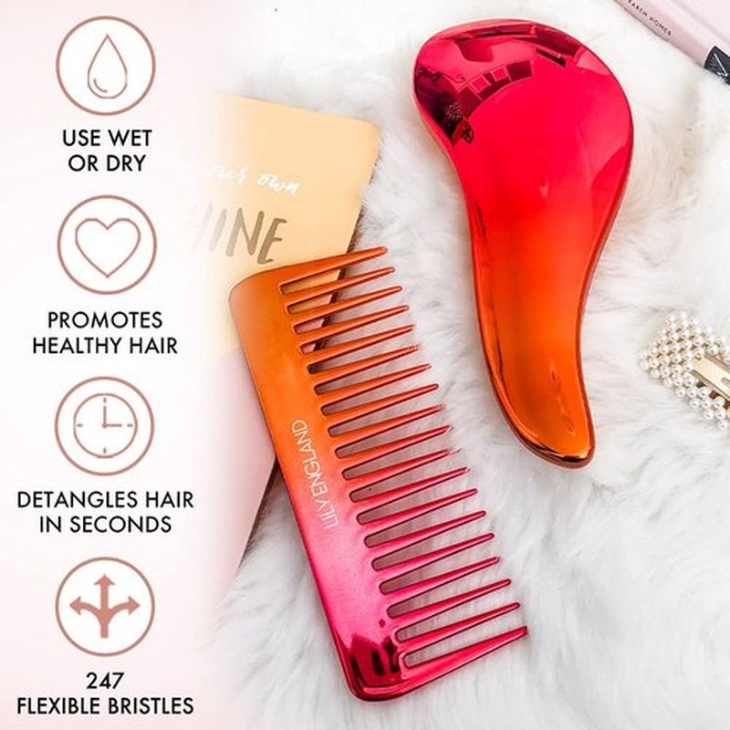 Lily England Detangler Brush & Wide Tooth Comb Set - Lightweight Detangling Tool for Women & Kids - Smooth Curly, Straight, Dry, Fine, Thick Hair, Pink-Orange