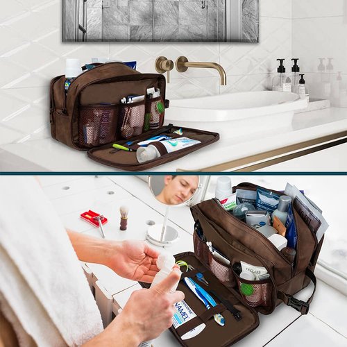 PAVILIA Toiletry Bag for Men, Travel Toiletries Bag | Water-resistant Dopp Kit, PU Leather Shaving Pouch Organizer for Accessories, Cosmetic, Hygiene, Grooming Essentials (XL, Dark Brown)