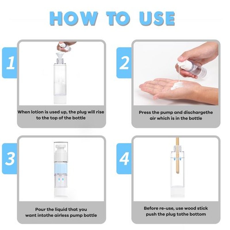 GIVITASOT 1.7OZ/50ML Airless Pump Bottles, 3 Pack Lotion Dispenser Travel Size Pump Bottles, Vacuum Cosmetic Travel Bottle for Lotion, Creams, Foundation, Cosmetic, with Labels, Wooeden Stick