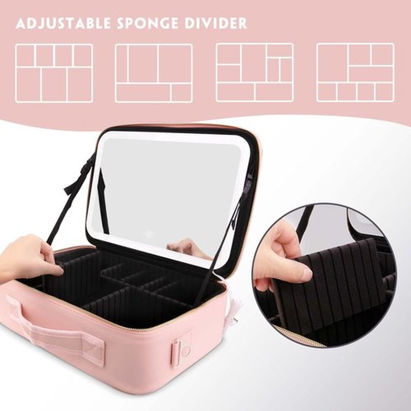 Smacen Large capacity Cosmetics Train Case with LED Lighted Mirror Rechargeable 3 Color Lights Adjustable Brightness Portable Makeup bag with Adjustable Dividers and Shoulder Straps (Pink)