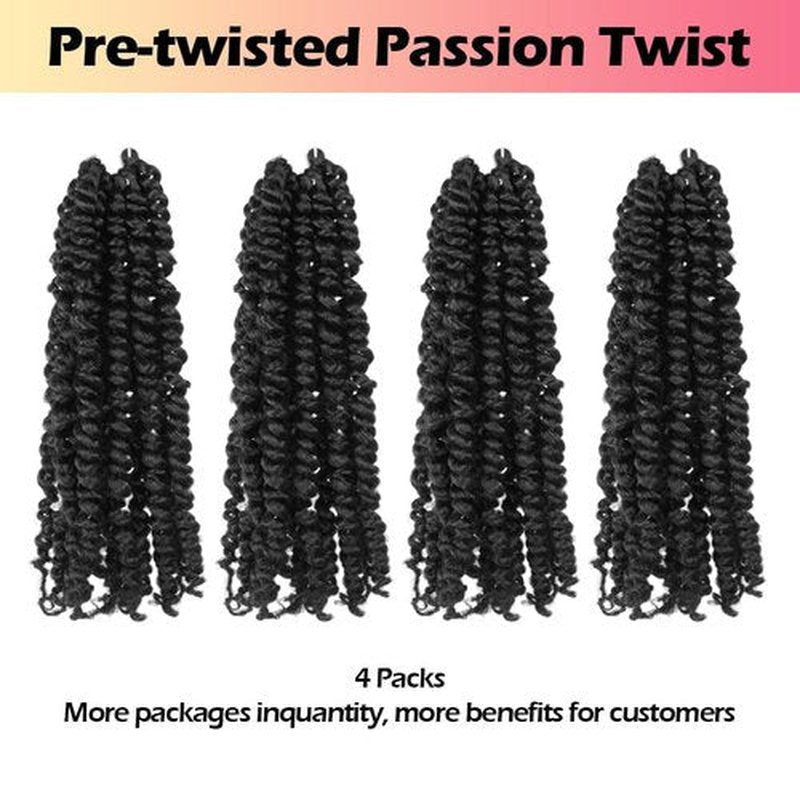 Niseyo 10 Inch Passion Twist Hair Pre-twisted 4 Packs Pre-looped Crochet Passion Twist Crochet Hair Short Braids (4Packs, Black)