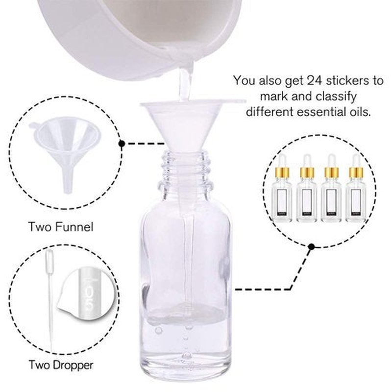 PrettyCare Eye Dropper Bottle 2 oz (12 Pack Clear Glass Bottles 60ml with Golden Caps, 24 Labels, Funnel & Measured Pipettes) Empty Tincture Bottles for Essential Oils