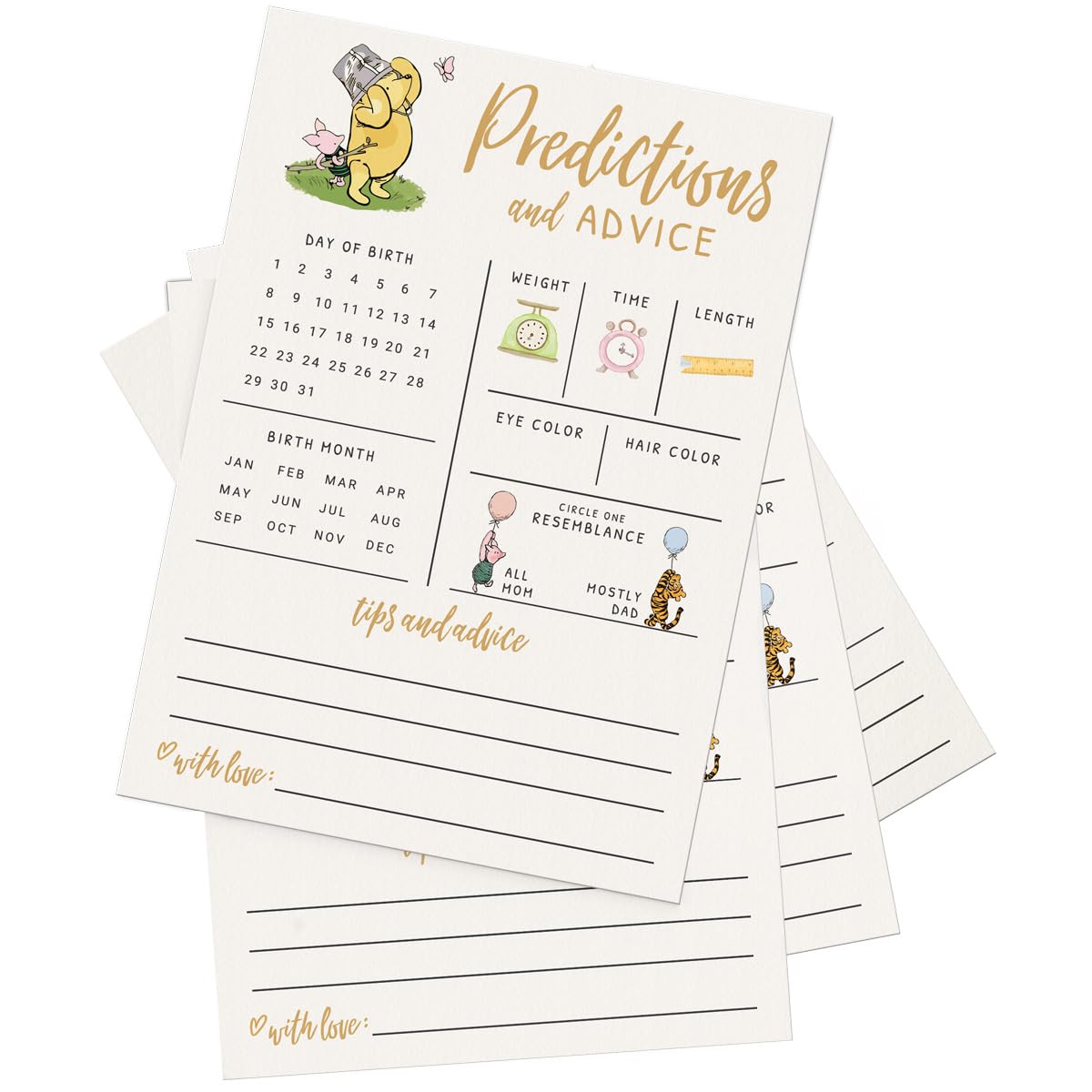 Printed Party Baby Predictions & Advice Cards – Classic Pooh Theme, Winnie Baby Shower Game for Guests, Gender Reveal Activity for Boy or Girl Activity, 30 Pack