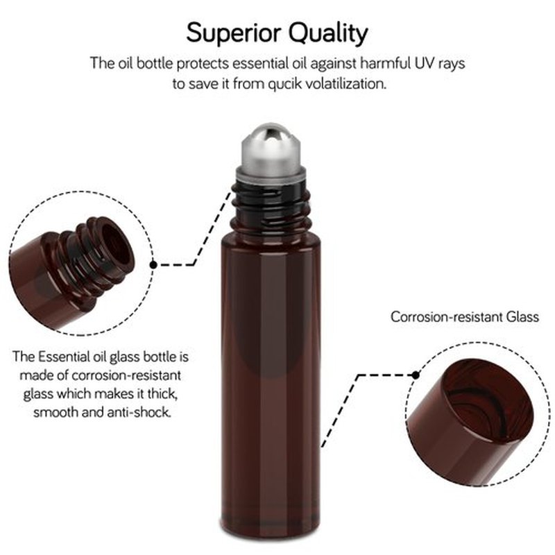 PrettyCare Roller Bottles For Oils 10 ml (Amber Glass, 24 Pack, 1 Extra Stainless Steel Balls, 12 Labels, 1 Opener, 1 Funnels Essential Oil Roller Bottles, Roller on Bottles