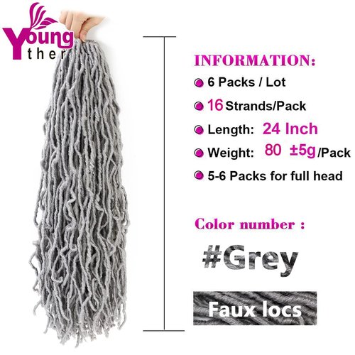 Youngther 24 inch Faux Locs Crochet hair Whole Strand 6 Packs Soft Locs Crochet Faux Locs Synthetic Crochet Braiding Hair Extensions (24 inch (Pack of 6), Grey)