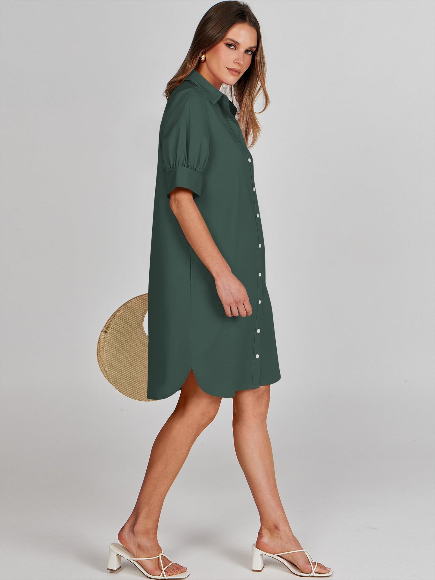 ANRABESS Womens Button Down Shirt Dress Summer Short Sleeve Business Casual Shift Dresses with Pockets 2026 Trendy Army Green Small