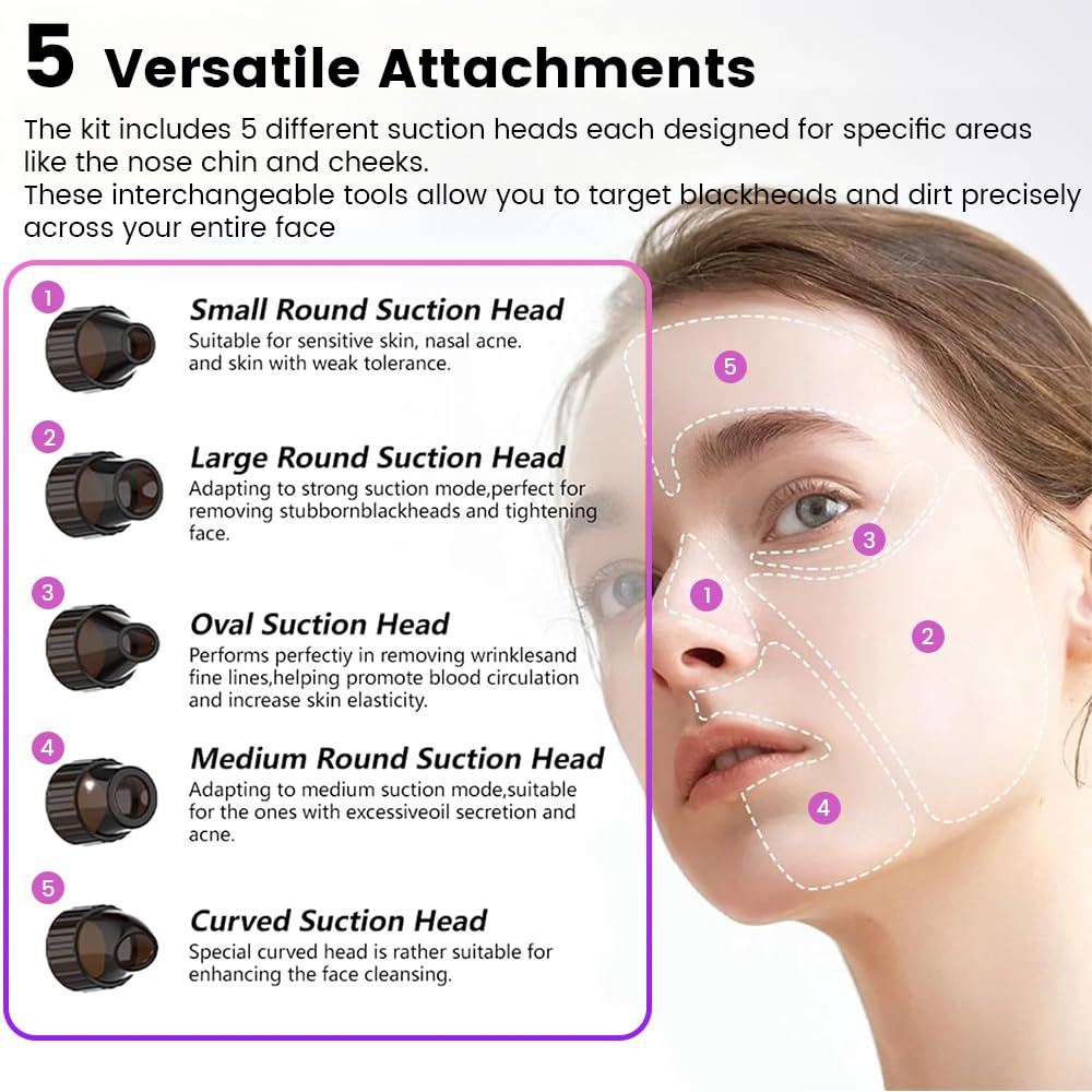 Blackhead Remover Pore Vacuum with Heating Function, Electric Comedone Extractor with 3 Suction Levels & 9 Modes, for Deep Pore Cleansing on Nose and Face with 5 Interchangeable Heads