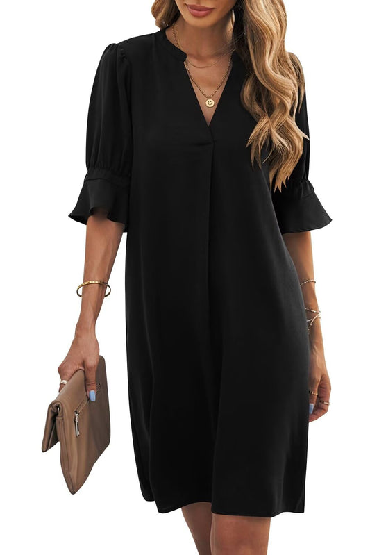 Wkior Summer Dress for Women Short Sleeve Solid Color Loose Casual Elegant Dress Black S