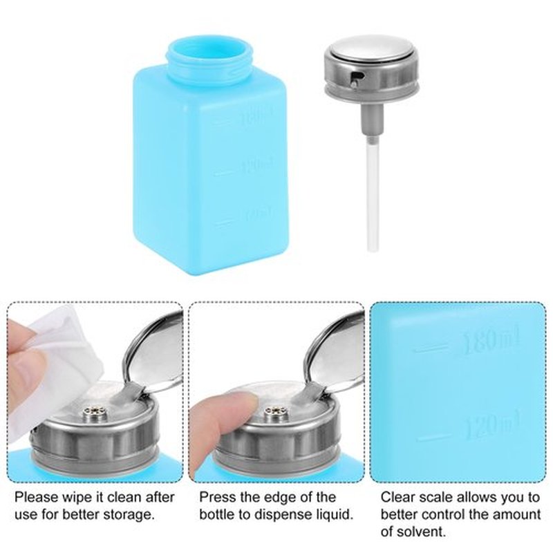HARFINGTON 2pcs Solvent Alcohol Dispenser 180ml(6.1oz) Nail Polish Remover Push Down Liquid Dispenser Pump Bottle with Stainless Steel Press Head for Acetone Cleanser Polish Remover, Blue