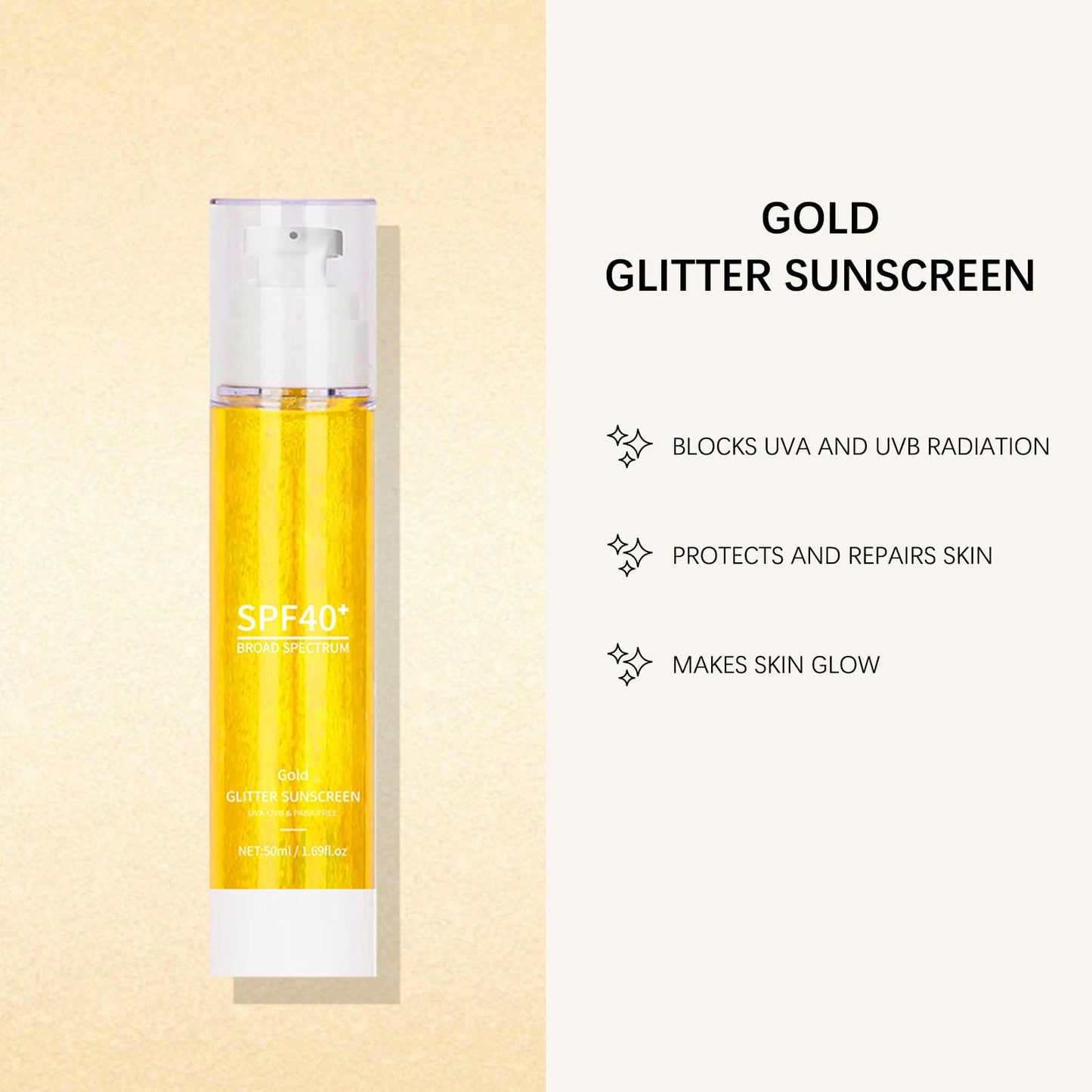 Body Glow Shimmering Gel with SPF 40+ Glitter Effect & Broad Spectrum Protection, Lightweight Glow Body Oil Non-Sticky Formula, Quick Absorbing for Face & Body, Vegan (Gold)