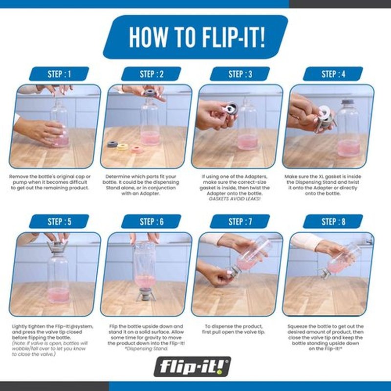 Flip-It! 2-Pack Bottle Emptying Kit – Gadget Gifts & Unique Xmas Gift – No More Wasted Product – Fits Most Plastic Bottles – Stocking Stuffer Gift Idea – 2 Base Caps, 6 Adapters – Pastel Color Edition