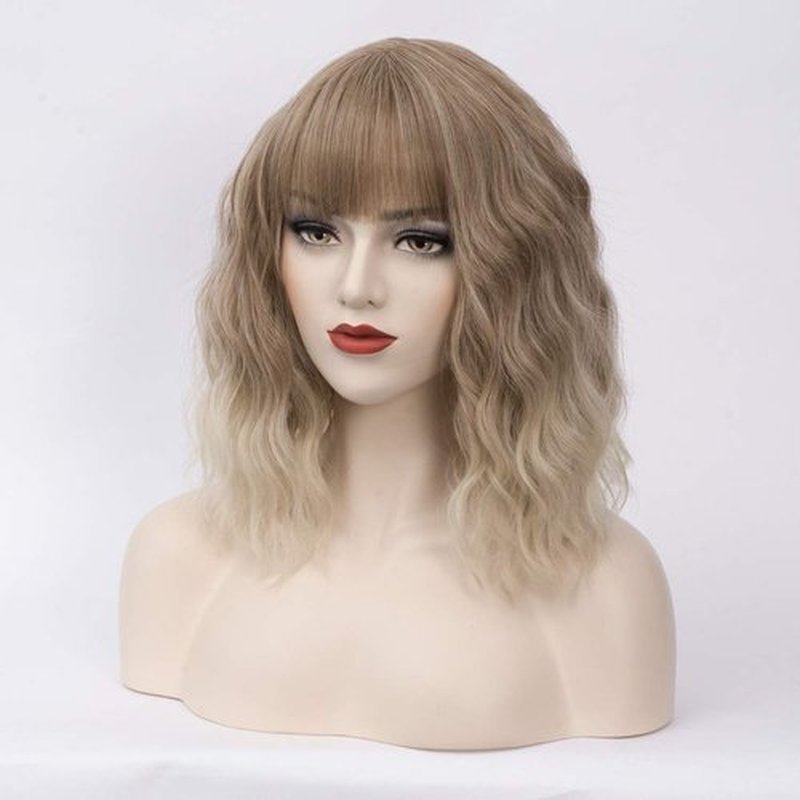 BUFASHION 14" Women Short Wavy Curly Wig Ombre Brown Bob Wig Cosplay Halloween Synthetic Wigs With Neat Bang Wig With Free Wig Cap(Ombre Brown 1)