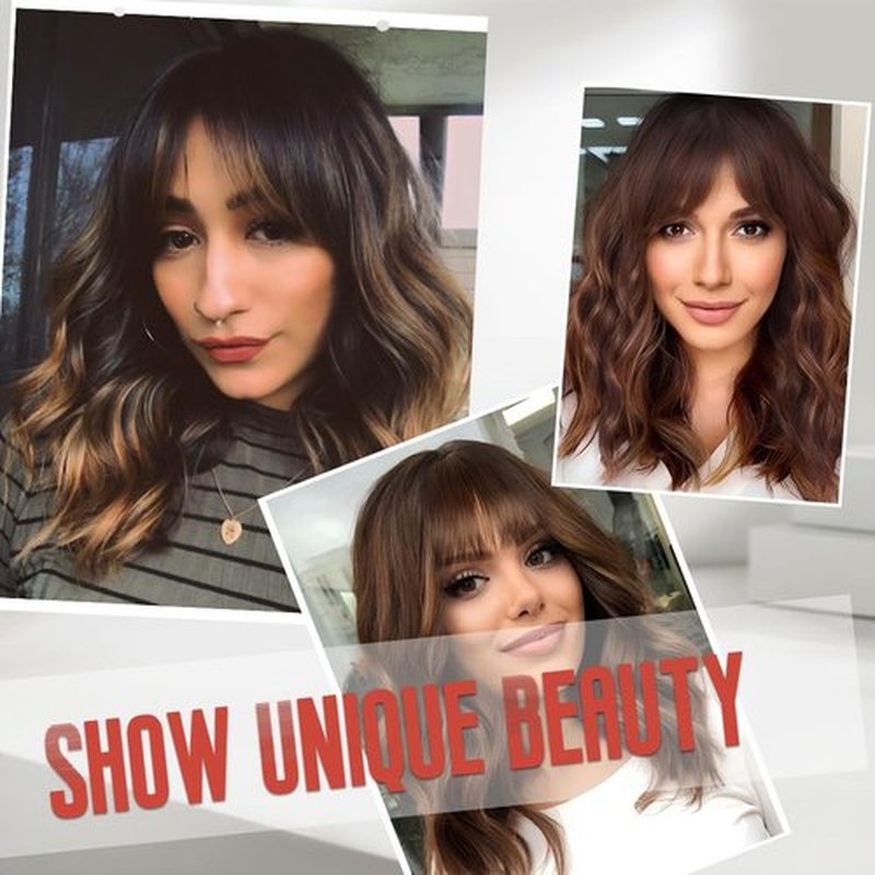 Short Brown Wigs with Bangs 14Inch Ombre Brown Curly Bob Wig for Women Shoulder Length Natural Looking Hair Replacement Wig for Daily Party Use Cosplay Costume Halloween Wig