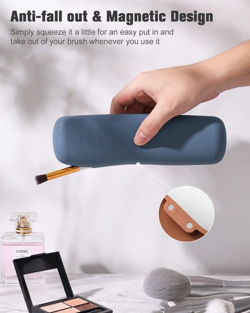 FERYES Makeup Brush Holder, Magnetic Anti-fall Out Silicon Portable Cosmetic Face Brushes Holder, Soft and Sleek Makeup Tools Organizer for Travel- Blue