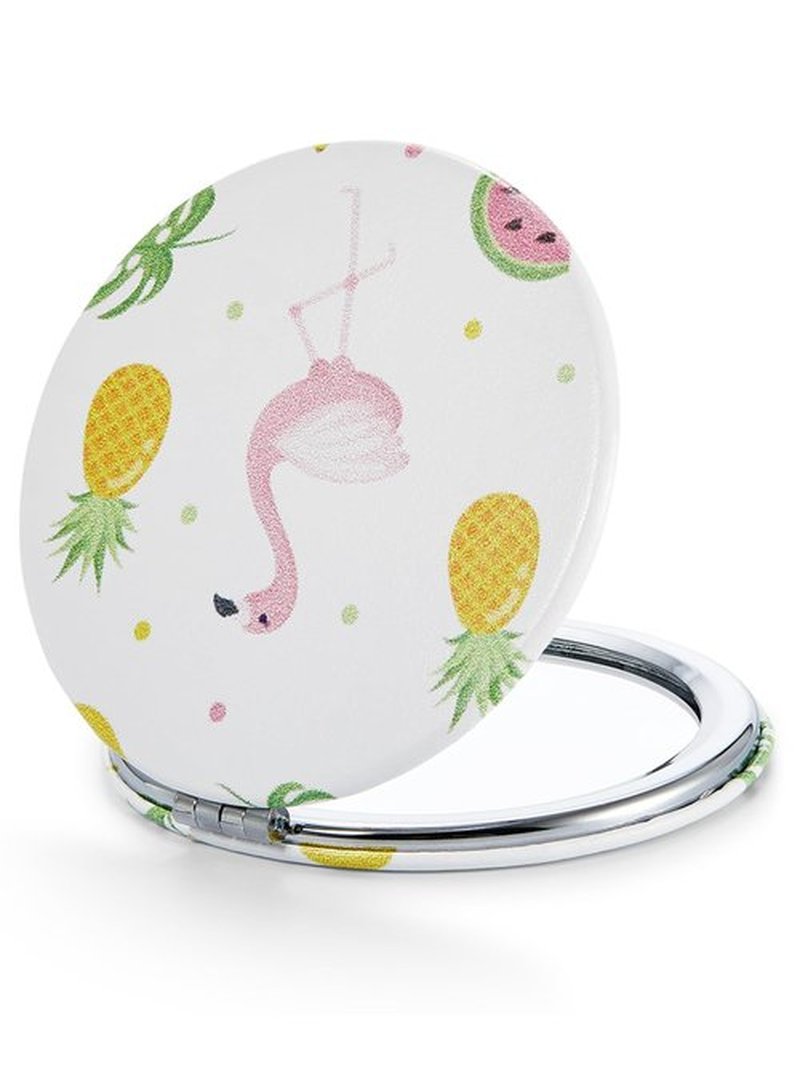OMIRO 1X/10X(300R) Compact Magnifying Mirror, Unique Painting Pocket Mirror with Classical PU Leather (Round，Flamingo and Tropical Print)