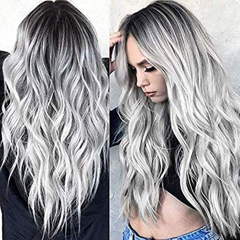 ponyttda Long Sliver Wavy Wigs for Women Middle Part Gray Wig 26 inch Natural Curly Synthetic Wig Heat Resistant Fiber Wigs for Daily Party Use, Halloween Wig