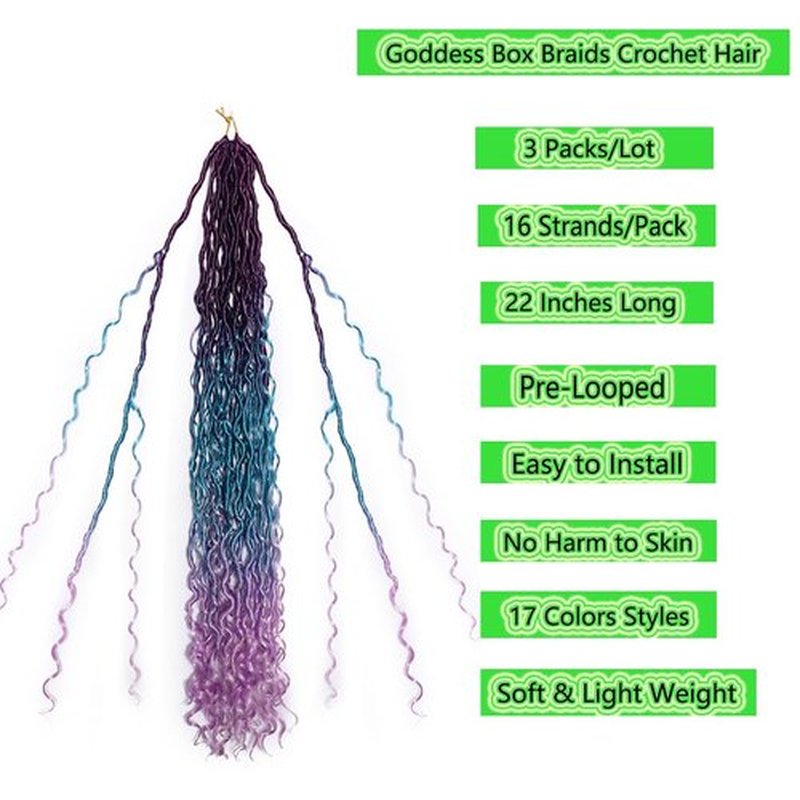 BALINGHAIR Goddess Locs Crochet Hair Ombre Purple to Lake Blue to Light Purle 22 Inch 3 Packs Bohemian Faux Locs Crochet Hair With Curly Ends Pre Looped Hair Extensions 16 Roots/Pack(C26)