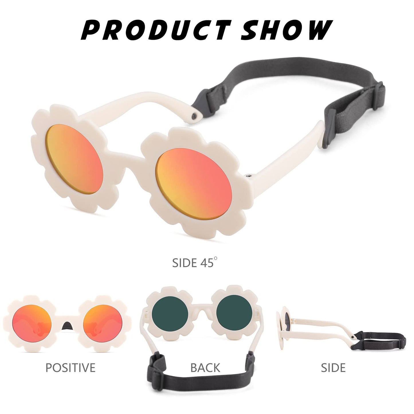 LIU·WEN Baby Polarized Flower Sunglasses with Strap - Bendable Flexible Frame for Infant Girls Boys Age 0-24 Months(Matte White/Purple Red Mirror)